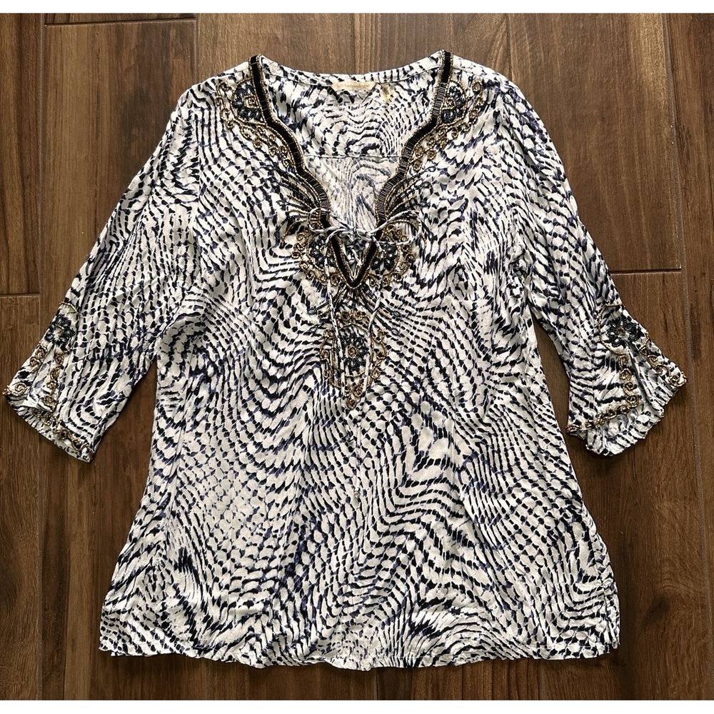 Soft Surroundings Blue White Abstract Print Beaded Lace Up Tunic Top Large
